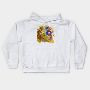 Multicoloured Floral motif mandala design illustration with gold paint splatter and confetti Kids Hoodie